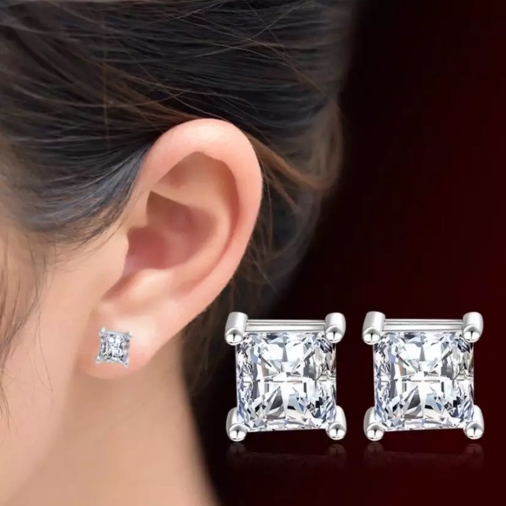Sterling Silver Square Simulated Diamond Earrings - Picture 3 of 3